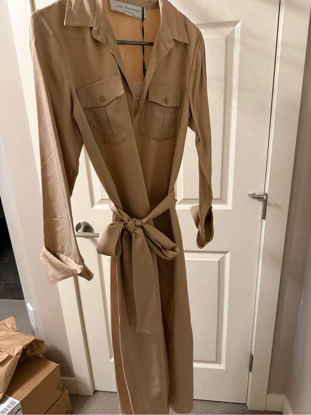 Zara Beige Button-Front Midi Shirt Dress with Tie Waist